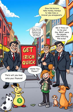 A vibrant cartoon scene depicting a bustling city street where a group of slick, cartoonish bad actors in suits are scheming to take money from innocent, unsuspecting people