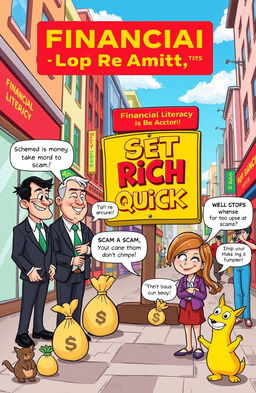 A vibrant cartoon scene depicting a bustling city street where a group of slick, cartoonish bad actors in suits are scheming to take money from innocent, unsuspecting people