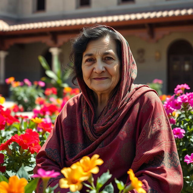 An elderly Iraqi woman dressed in traditional attire, featuring a colorful abaya and intricate patterns, sitting gracefully in a sunlit courtyard surrounded by vibrant flowers