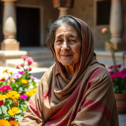 An elderly Iraqi woman dressed in traditional attire, featuring a colorful abaya and intricate patterns, sitting gracefully in a sunlit courtyard surrounded by vibrant flowers