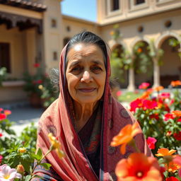 An elderly Iraqi woman dressed in traditional attire, featuring a colorful abaya and intricate patterns, sitting gracefully in a sunlit courtyard surrounded by vibrant flowers