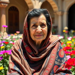 An elderly Iraqi woman dressed in traditional attire, featuring a colorful abaya and intricate patterns, sitting gracefully in a sunlit courtyard surrounded by vibrant flowers