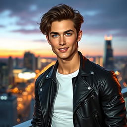 A young human man inspired by the appearance of Lucifer from Romance Club, featuring striking facial features with well-defined cheekbones and a charming smile