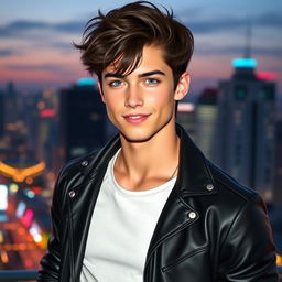 A young human man inspired by the appearance of Lucifer from Romance Club, featuring striking facial features with well-defined cheekbones and a charming smile