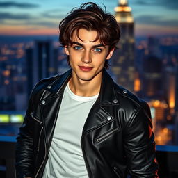 A young human man inspired by the appearance of Lucifer from Romance Club, featuring striking facial features with well-defined cheekbones and a charming smile