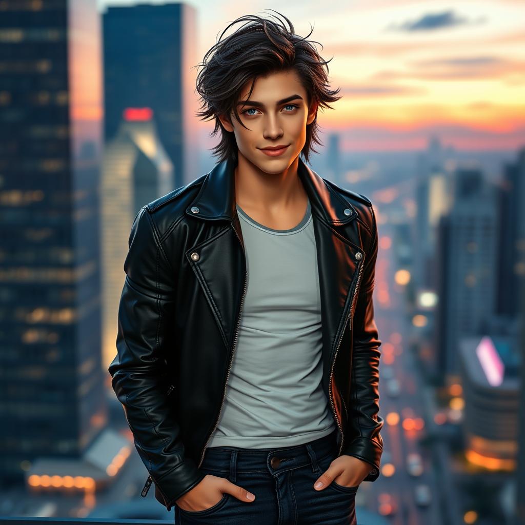 A young human man inspired by the appearance of Lucifer from Romance Club, featuring striking facial features with well-defined cheekbones and a charming smile