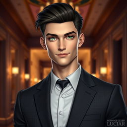 A young human man inspired by the appearance of Lucifer from Romance Club, featuring strikingly handsome facial features with sharp cheekbones and a charming grin