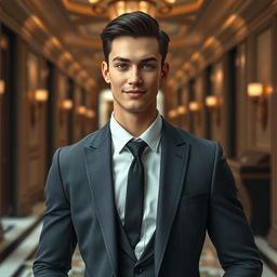 A young human man inspired by the appearance of Lucifer from Romance Club, featuring strikingly handsome facial features with sharp cheekbones and a charming grin
