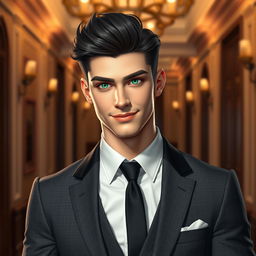 A young human man inspired by the appearance of Lucifer from Romance Club, featuring strikingly handsome facial features with sharp cheekbones and a charming grin