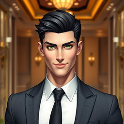 A young human man inspired by the appearance of Lucifer from Romance Club, featuring strikingly handsome facial features with sharp cheekbones and a charming grin