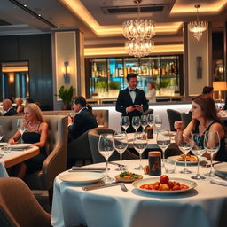 An elegant and modern restaurant scene, beautifully designed, featuring a stylish dining area with comfortable seating, soft ambient lighting, and tasteful decor