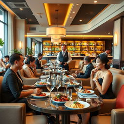An elegant and modern restaurant scene, beautifully designed, featuring a stylish dining area with comfortable seating, soft ambient lighting, and tasteful decor