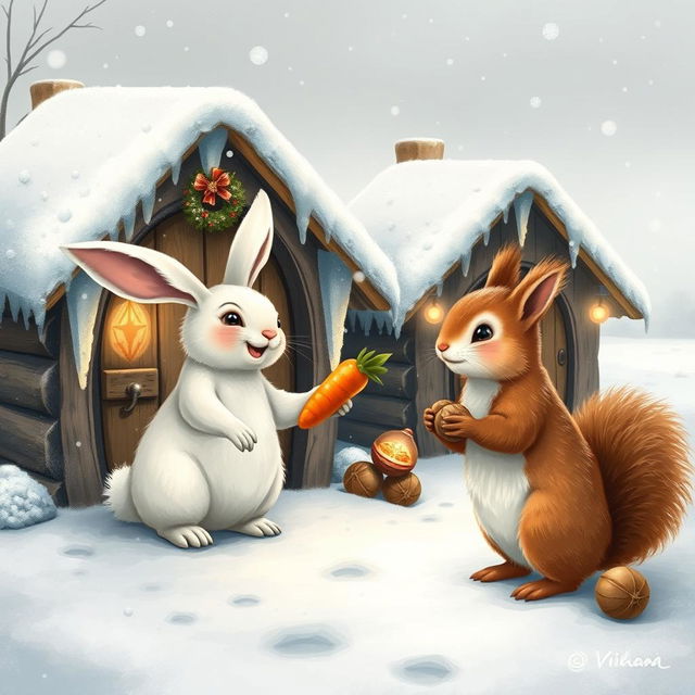 A charming winter scene depicting a rabbit and a squirrel standing at the doors of their quaint little houses in a snowy landscape