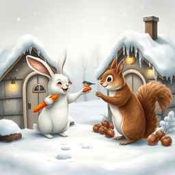 A charming winter scene depicting a rabbit and a squirrel standing at the doors of their quaint little houses in a snowy landscape