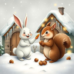 A charming winter scene depicting a rabbit and a squirrel standing at the doors of their quaint little houses in a snowy landscape
