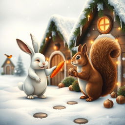 A charming winter scene depicting a rabbit and a squirrel standing at the doors of their quaint little houses in a snowy landscape