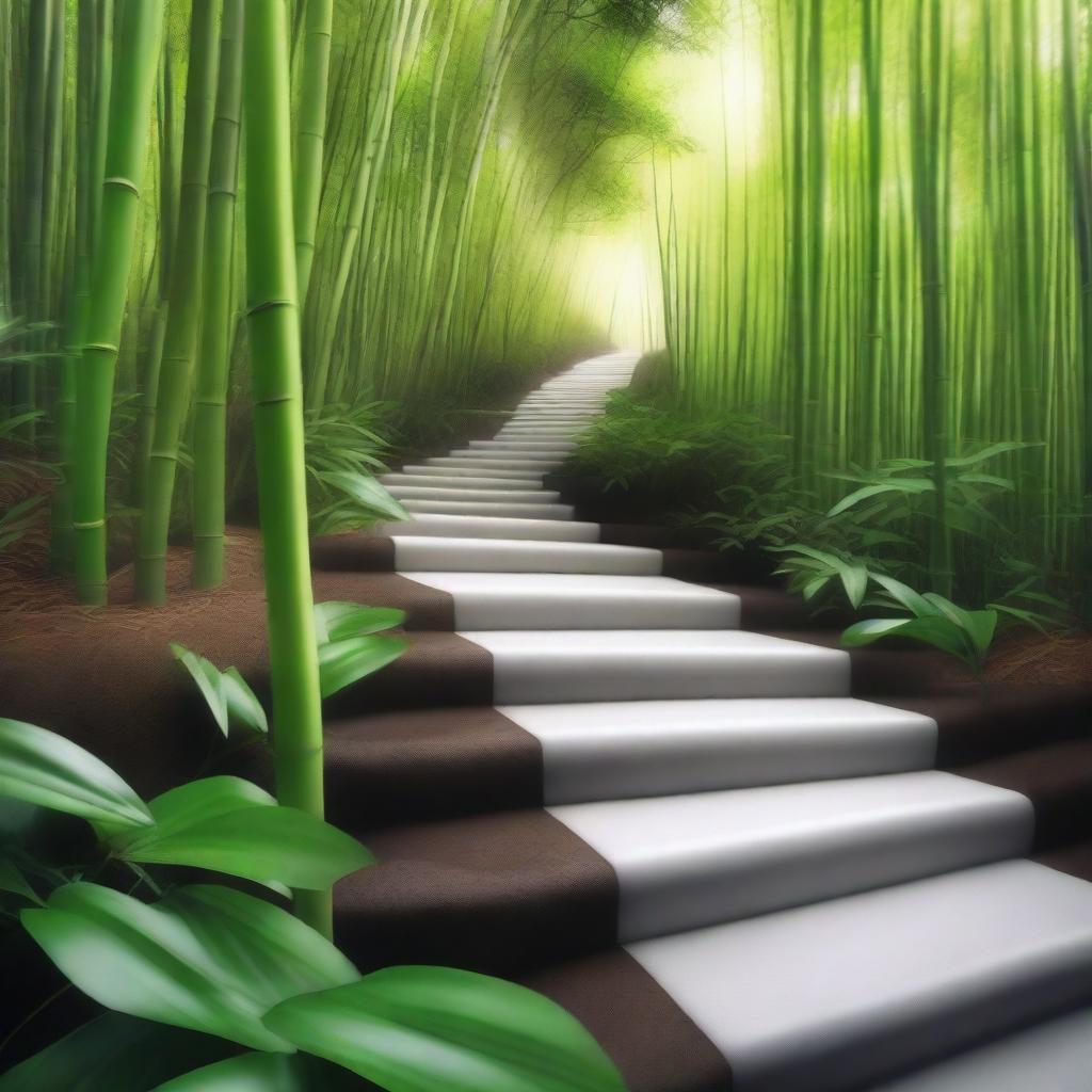 A photorealistic, high-quality image featuring a series of separate white stone tile steps, descending down a mountain trail surrounded by a dense, green bamboo forest