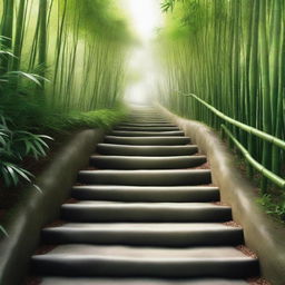 A photorealistic, high-quality image featuring a series of separate white stone tile steps, descending down a mountain trail surrounded by a dense, green bamboo forest