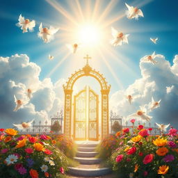 A serene and ethereal depiction of heaven, featuring fluffy white clouds, golden rays of sunlight breaking through the clouds, and a beautiful blue sky
