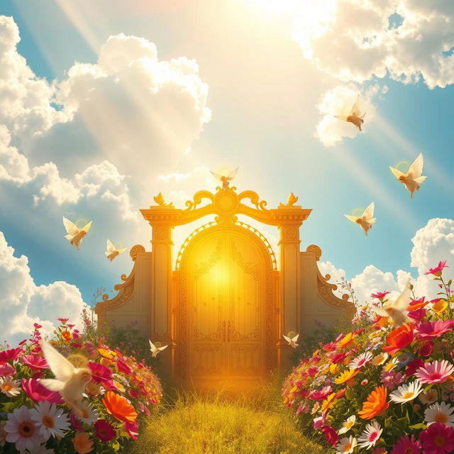 A serene and ethereal depiction of heaven, featuring fluffy white clouds, golden rays of sunlight breaking through the clouds, and a beautiful blue sky