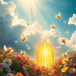 A serene and ethereal depiction of heaven, featuring fluffy white clouds, golden rays of sunlight breaking through the clouds, and a beautiful blue sky