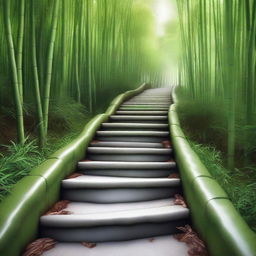 A photorealistic, high-quality image featuring a series of separate white stone tile steps, descending down a mountain trail surrounded by a dense, green bamboo forest