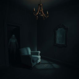 A dark and terrifying room, dimly lit with flickering shadows casting eerie shapes on the walls