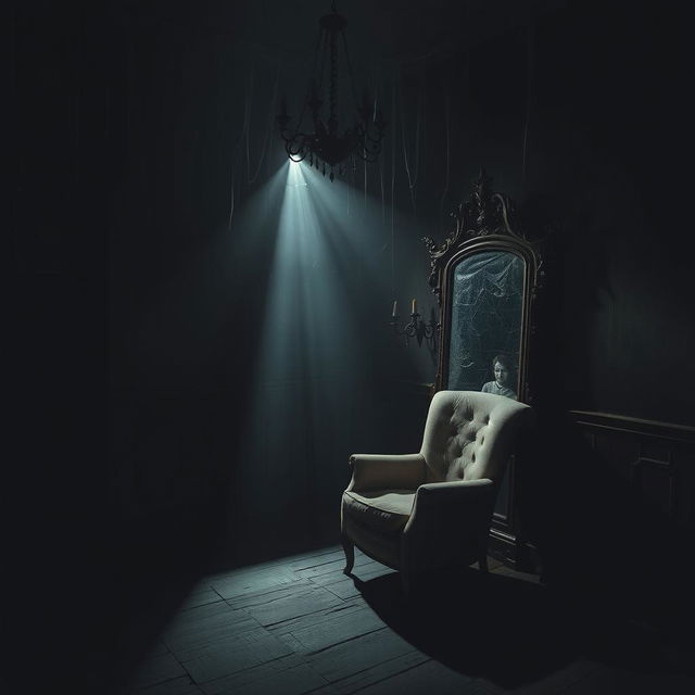 A dark and terrifying room, dimly lit with flickering shadows casting eerie shapes on the walls