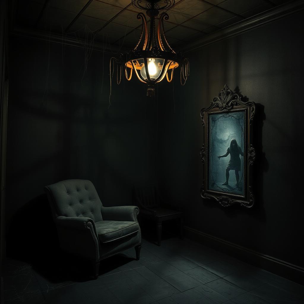 A dark and terrifying room, dimly lit with flickering shadows casting eerie shapes on the walls
