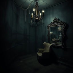 A dark and terrifying room, dimly lit with flickering shadows casting eerie shapes on the walls