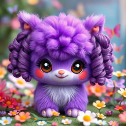 A whimsical purple kasimerito (a fictional creature) with beautiful brown eyes, featuring two playful pigtails made of curly hair