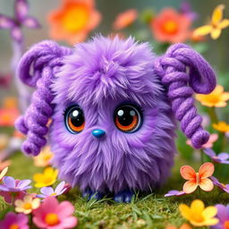 A whimsical purple kasimerito (a fictional creature) with beautiful brown eyes, featuring two playful pigtails made of curly hair