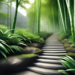 A photorealistic, high-quality image featuring a series of separate white stone tile steps, descending down a mountain trail surrounded by a dense, green bamboo forest