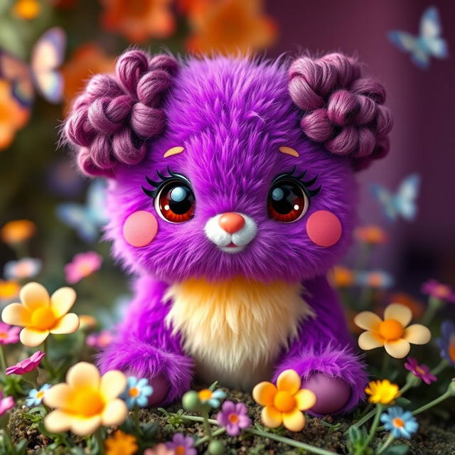 A whimsical purple kasimerito (a fictional creature) with beautiful brown eyes, featuring two playful pigtails made of curly hair