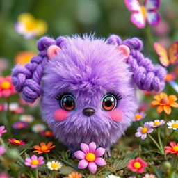 A whimsical purple kasimerito (a fictional creature) with beautiful brown eyes, featuring two playful pigtails made of curly hair