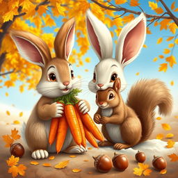 A charming scene featuring a rabbit and a squirrel gathering nuts and carrots in preparation for the arrival of winter