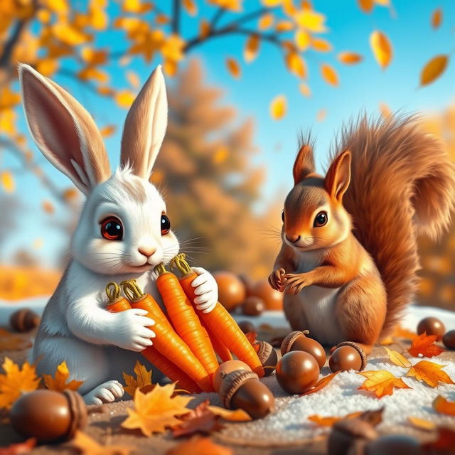 A charming scene featuring a rabbit and a squirrel gathering nuts and carrots in preparation for the arrival of winter