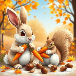 A charming scene featuring a rabbit and a squirrel gathering nuts and carrots in preparation for the arrival of winter