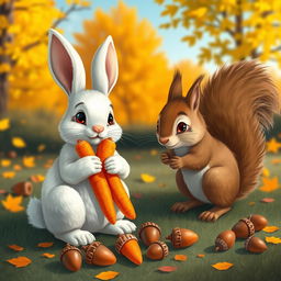 A charming scene featuring a rabbit and a squirrel gathering nuts and carrots in preparation for the arrival of winter