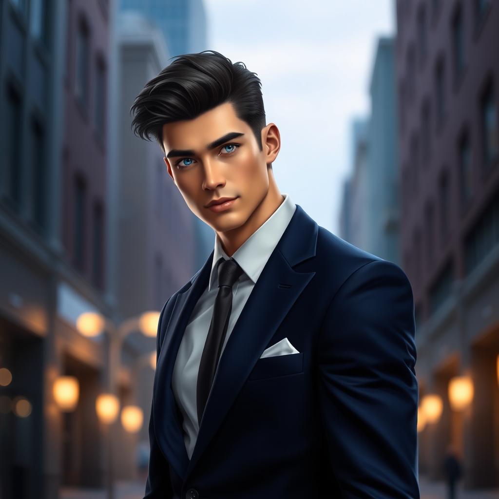 A realistic young human man inspired by the appearance of Lucifer from Romance Club, featuring captivating facial features with refined cheekbones and a charming, confident expression