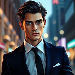 A realistic young human man inspired by the appearance of Lucifer from Romance Club, featuring captivating facial features with refined cheekbones and a charming, confident expression