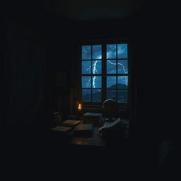 A darkened room filled with shadows and moody lighting, creating an atmosphere of mystery and intrigue