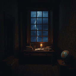 A darkened room filled with shadows and moody lighting, creating an atmosphere of mystery and intrigue