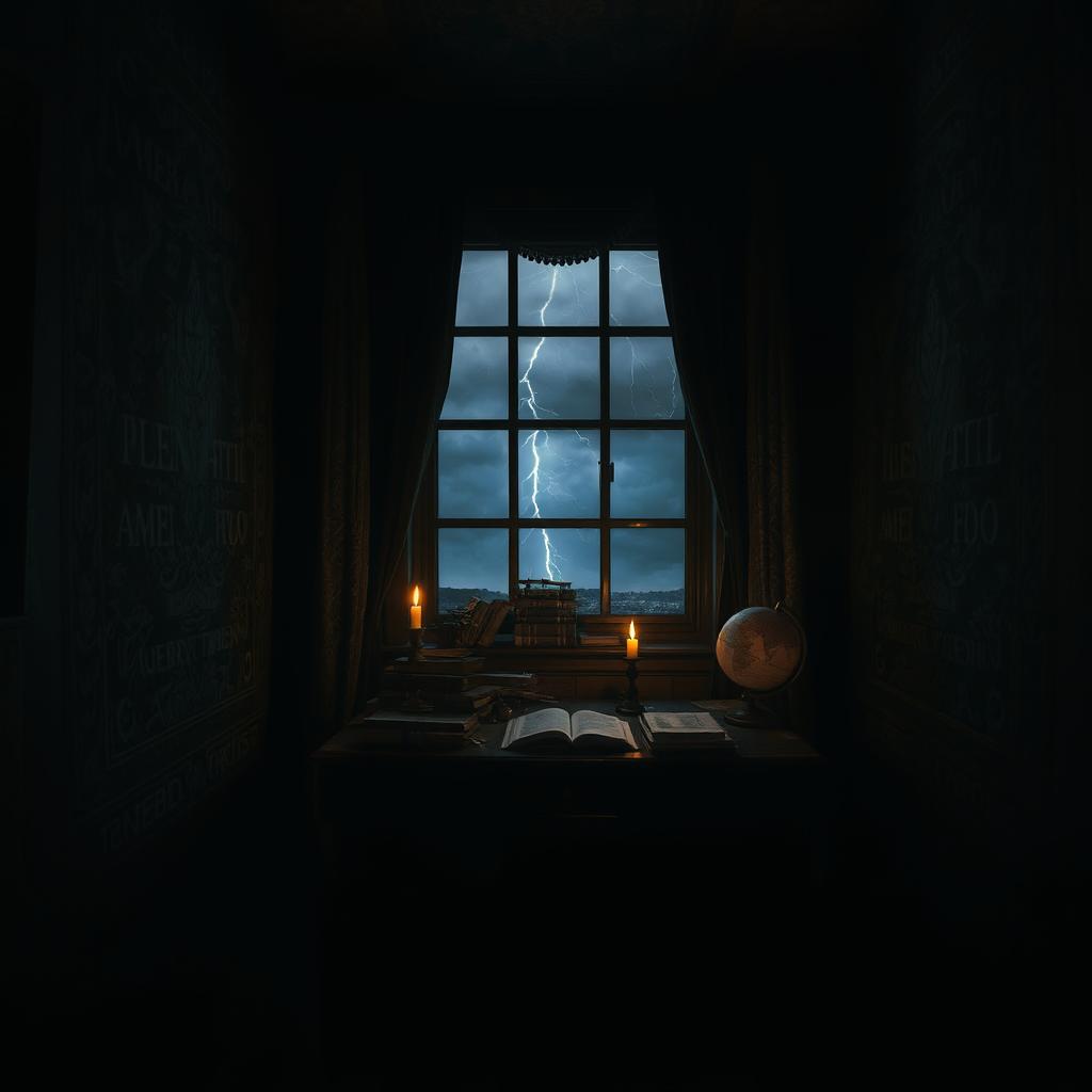 A darkened room filled with shadows and moody lighting, creating an atmosphere of mystery and intrigue