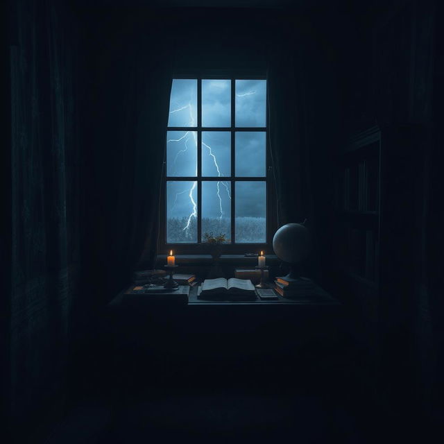 A darkened room filled with shadows and moody lighting, creating an atmosphere of mystery and intrigue