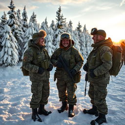 A group of Russian soldiers in a dramatic winter landscape, clad in camouflage uniforms and heavy snow gear, taking a break from their exercises