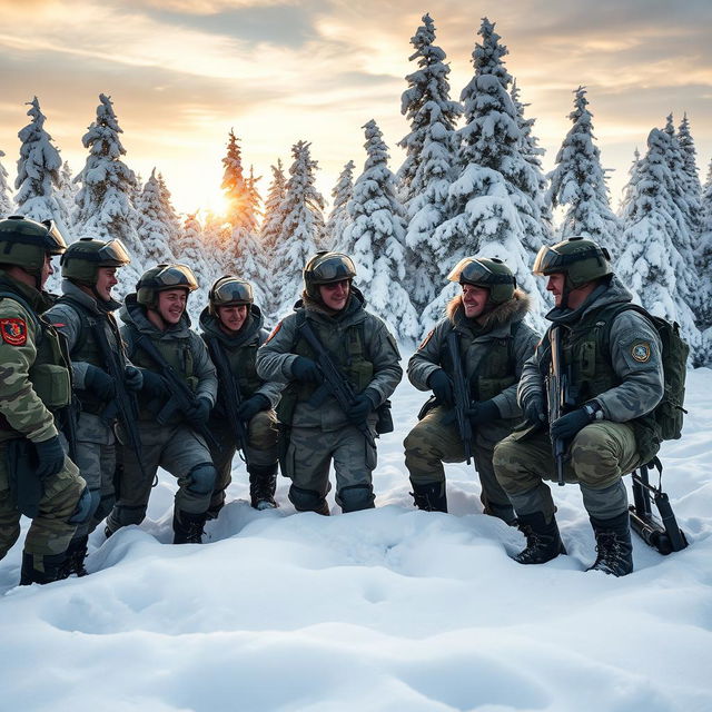 A group of Russian soldiers in a dramatic winter landscape, clad in camouflage uniforms and heavy snow gear, taking a break from their exercises