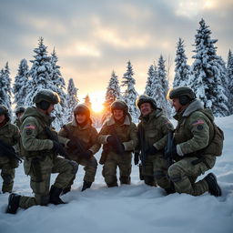 A group of Russian soldiers in a dramatic winter landscape, clad in camouflage uniforms and heavy snow gear, taking a break from their exercises