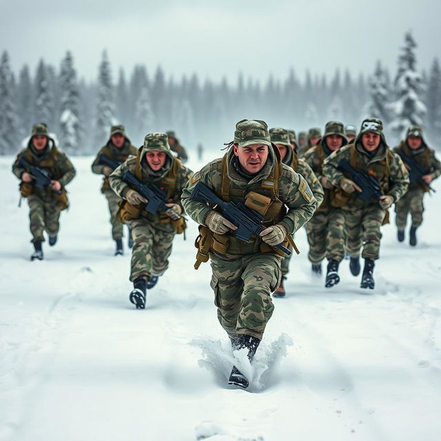 A dynamic scene depicting a group of Russian soldiers in action, running through a snow-covered landscape while visibly expressing urgency and determination