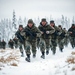A dynamic scene depicting a group of Russian soldiers in action, running through a snow-covered landscape while visibly expressing urgency and determination